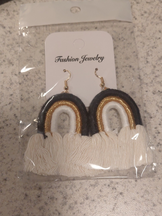 Fashion Jewelry Accessories - Fashion Jewelry Cream, Gold & Black Rainbow Fringe Earrings